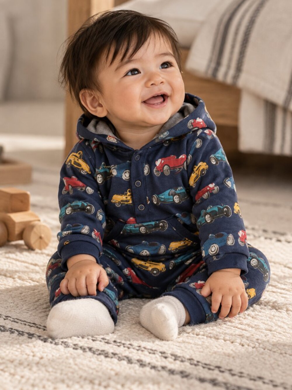 Boboli Baby Boys Race Car Print Hooded Romper Jumpsuit Navy Blue 9M